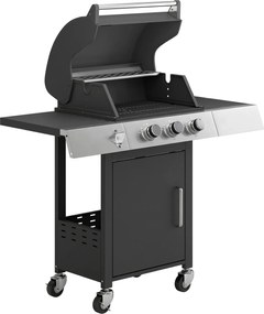 Outsunny Barbecue a Gás com 3 Queimadores 8,1 kW Termómetro Grelhas Mesas Laterais Armário e Rodas 109x50x109 cm Preto | Aosom Portugal