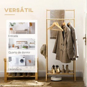 HOMCOM Suporte para Cabides de Bambu Porta Cabides com Prateleira para Sapatos 2 Barras e 2 Ganchos para Corredor Entrada Dormitório 74x42x150 cm Madeira