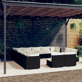 vidaXL 13 pcs conjunto lounge de jardim c/ almofadões vime PE preto
