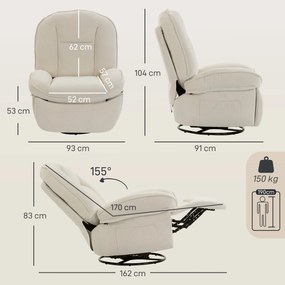 Poltrona reclinável em tecido felpudo, poltrona de relaxamento giratória a 360°, assento largo, bolsos laterais, creme