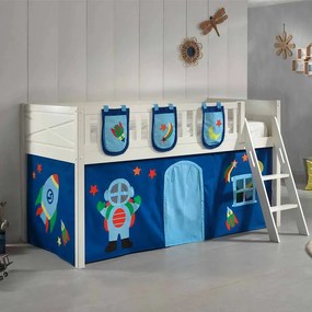Conjunto cama alta Infantil SCOTT + cortina de brincar ASTRO + 3 bolsos de arrumação Branca