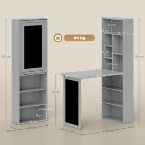 Secretária com arrumação dobrável, fixada à parede e rebatível, com estante, posto de trabalho, quadro de giz e prateleira ajustável