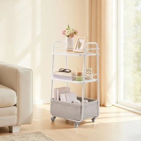 Carrinho apoio com 3 níveis, prateleiras e cesto para a sala de estar 43 x 30 x 81 cm branco-castanho