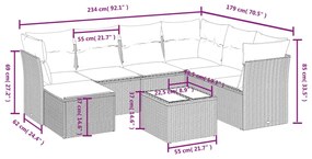 8 pcs conj. sofás jardim c/ almofadões vime PE cinzento-claro