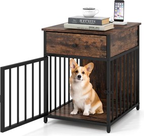 Gaiola para cães Mesa auxiliar para uso doméstico com estação de carregamento, porta, gaveta e tubos de metal castanho