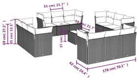 13 pcs conj. sofás jardim c/ almofadões vime PE cinzento-claro