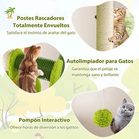 Árvore para gatos em forma de palmeira com folhas artificiais, postes de sisal, escova com pompons verde e laranja