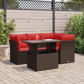 5 pcs conj. sofás jardim c/ almofadões vime PE/acácia castanho
