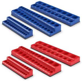 Conjunto de 6 organizadores magnéticos para porta-soquetes métricos e imperiais com soquetes de 1/2, 3/8 e 1/4 polegadas azul e vermelho