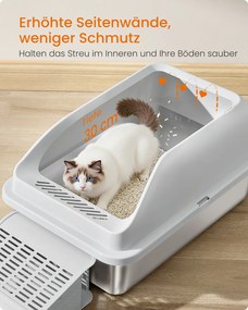 Caixa de areia para Gatos 62 x 42 x 30 cm em aço inoxidável com borda alta e acessórios cinzento