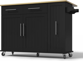 Ilha de cozinha móvel com tampo de trabalho dobrável, organizador extensível para armário de 3 níveis, 120x40/65x90 cm, Preto+Cor natural| AOSOM Portugal