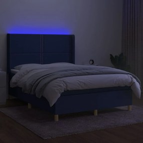 Cama box spring c/ colchão e LED 140x190 cm tecido azul