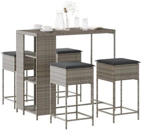 vidaXL 5 pcs conjunto de bar p/ jardim c/ almofadões vime PE cinzento
