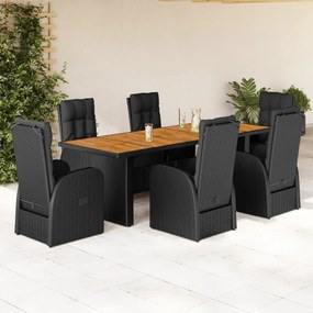 7 pcs conjunto de jantar p/ jardim c/ almofadões vime PE preto