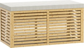 HOMCOM Baú de Arrumação para Dormitório 122L Estofado em Linho Sintético com Almofada Estrutura de Bambu 90x42x43 cm Cinza e Madeira | Aosom Portugal