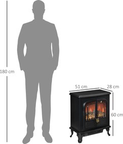 Lareira elétrica tipo fogão 51 x 28 x 60 cm, estilo neo-retro, 2 portas, vidro temperado, 1000/2000 W, LED com luminosidade regulável, aço e ABS, pret