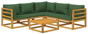 6 pcs conj. lounge jardim madeira c/almofadões verdes