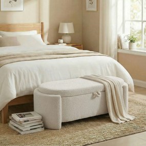 Banco de arrumação, pufe oval de polar Teddy com assento largo, 129 x 48,5 x 44 cm, creme