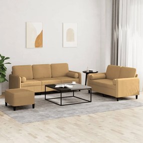 3 pcs conjunto de sofás com almofadas veludo castanho