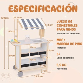 Carrinho de gelados de madeira para crianças com 6 gelados Balança Banca de mercado para crianças com mais de 3 anos Branco e cinzento