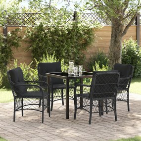 vidaXL Conjunto de Jantar de Jardim de 5 Peças com Almofadas Preto Vime PE