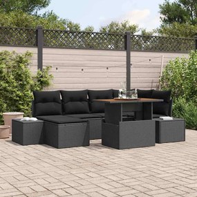 vidaXL Conjunto de Jantar de Jardim com 7 Peças e Almofadas em Rattan Preto e Acácia