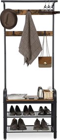 Cabide Bengaleiro entrada Hall com banco e sapateira 33,7 x 72 x 183 cm Castanho Vintage e Preto
