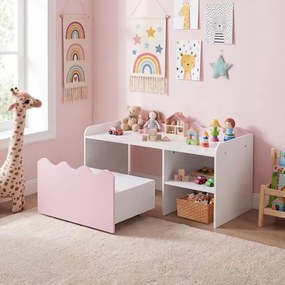 Secretária Infantil com Estante Aberta, 89,5 x 40 x 45 cm, Caixa de Arrumação com Rodas, Rosa