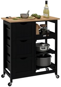 HOMCOM Carrinho de Cozinha com Rodas Carrinho de Serviço Multiuso com 3 Gavetas 2 Prateleiras Abertas e Bandeja para Sala de Jantar Sala de Estar 67x37x85,5 cm Preto