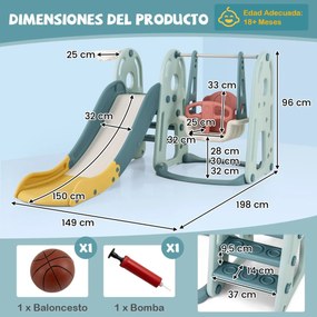 Conjunto de baloiço e escorrega para crianças 4 em 1 com baloiço ajustável em altura, cesto de basquetebol e trepadeira Verde