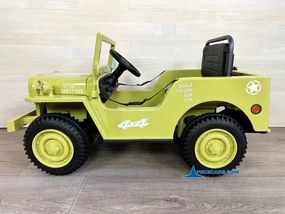 Jipe Willys 12V 1 Lugar 4x4 elétrico para crianças Todo terreno, rodas de borracha, assento Couro sintético cáqui militar