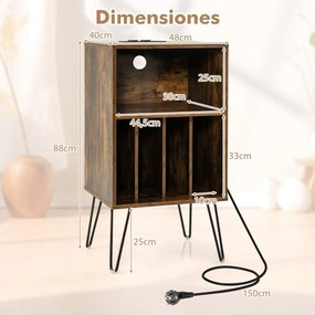 Suporte para discos de 3 níveis Mesa de armazenamento de discos com estação de carregamento Estante 4 divisórias 48 x 40 x 88 cm Castanho rústico