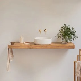 Conjunto De Móvel De Casa De Banho 130x45 Cm Suspenso Em Madeira De Teca Neill Madeira De Teca & Cerâmica Redonda Branca Ø40 Cm Lenka & Sem Espelho &