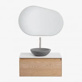 Conjunto De Móveis De Banheiro Em Madeira Tedrik Ash Castanho Fresno & Cimento Cinzento Redondo Ø40 Cm Tarsis & Oval Led E - Sklum