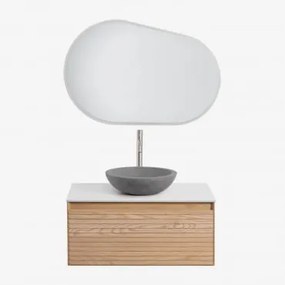 Conjunto De Móvel De Casa De Banho Suspenso 80x50 Cm Em Madeira De Freixo Tedrik Castanho Fresno & Cimento Cinzento Redondo Ø40 Cm Tarsis & - Sklum