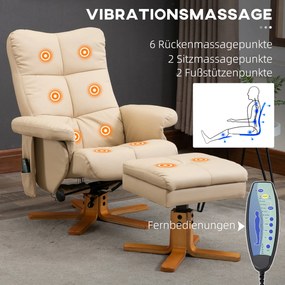 Poltrona de relaxamento com massagem e pufe, poltrona giratória a 360°, encosto reclinável, 80 x 86 x 99 cm, creme