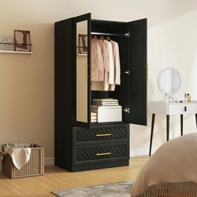 Guarda Roupa com Espelho 2 Portas e 2 Gavetas Relevo de Diamante Barra para Pendurar Estilo Moderno 80x50x180 cm Preto