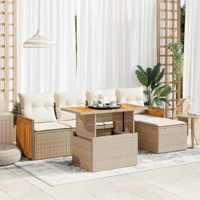 vidaXL 6 pcs conjunto sofás jardim com almofadões vime PE/acácia bege