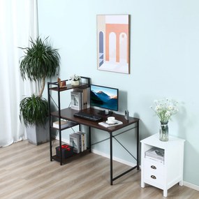 Secretária de canto com arrumação 120 C x 64 L x 121 A cm, estilo industrial, com estante de 3 prateleiras em aglomerado com acabamento em cor nogueir
