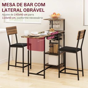 Conjunto de Mesa e Bancos de Bar Mesa Alta de Cozinha com 2 Bancos Laterais Rebatíveis Suporte para Vinhos e Prateleiras Castanho e Preto