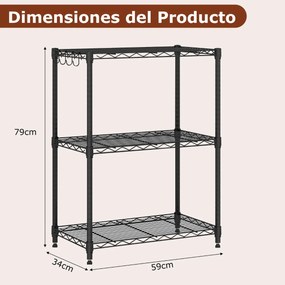 Estante metálica 59 x 34 x 79 cm ajustável  de 3 níveis com grelha de arame com capacidade para 204 kg para casa, cozinha, garagem, escritorio Preta
