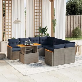 vidaXL 9 pcs conjunto sofás p/ jardim c/ almofadões vime PE cinzento