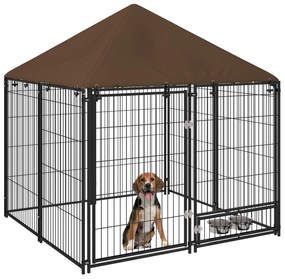 PawHut Parque Cães Toldo Suporte Giratório Comida 2 Tigelas Espaço Seguro 141x141x151 cm Preto Marrom | Aosom Portugal