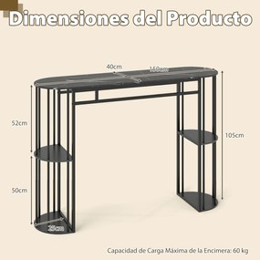 Mesa alta de bar retangular com estantes de arrumação (BANCOS NÃO INCLUIDOS), Estrutura metálica e tampo em imitação mármore; consola estreita para sa