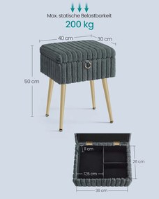 Banco toucador com espaço de arrumação 30 x 40 x 50 cm estofado cinzento