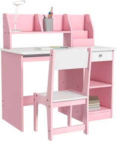 ZONEKIZ Secretária Infantil com Cadeira Ergonómica Gaveta Deslizante e Prateleiras 90x45x90 cm Rosa | Aosom Portugal