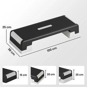 Step de Aeróbica para Fitness com Altura Ajustável de 15/20/25 cm Carga 250 kg para Casa e Ginásio Preto