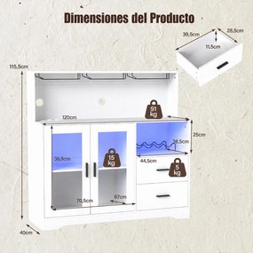 Armário Bar para Sala de Jantar, 120 x 40 x 115,5 cm, Iluminação LED de 7 Cores, Branco