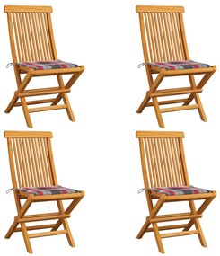 vidaXL Cadeiras de jardim c/ almofadões xadrez vermelho 4 pcs teca
