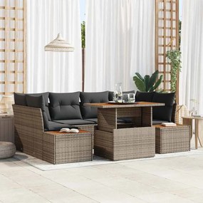 vidaXL Conjunto de Jantar de Jardim de 7 Peças com Almofadas Cinza em Rattan de Polipropileno e Acácia